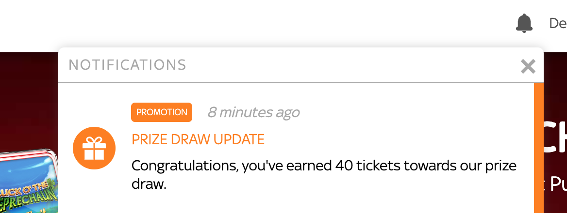 Screenshot showing notifications of ticket accumulation for a Prize Draw